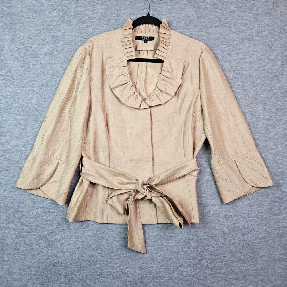 Alex Marie Women Champagne Gold Ruffle Collar Tie Waist Jacket Sz Large